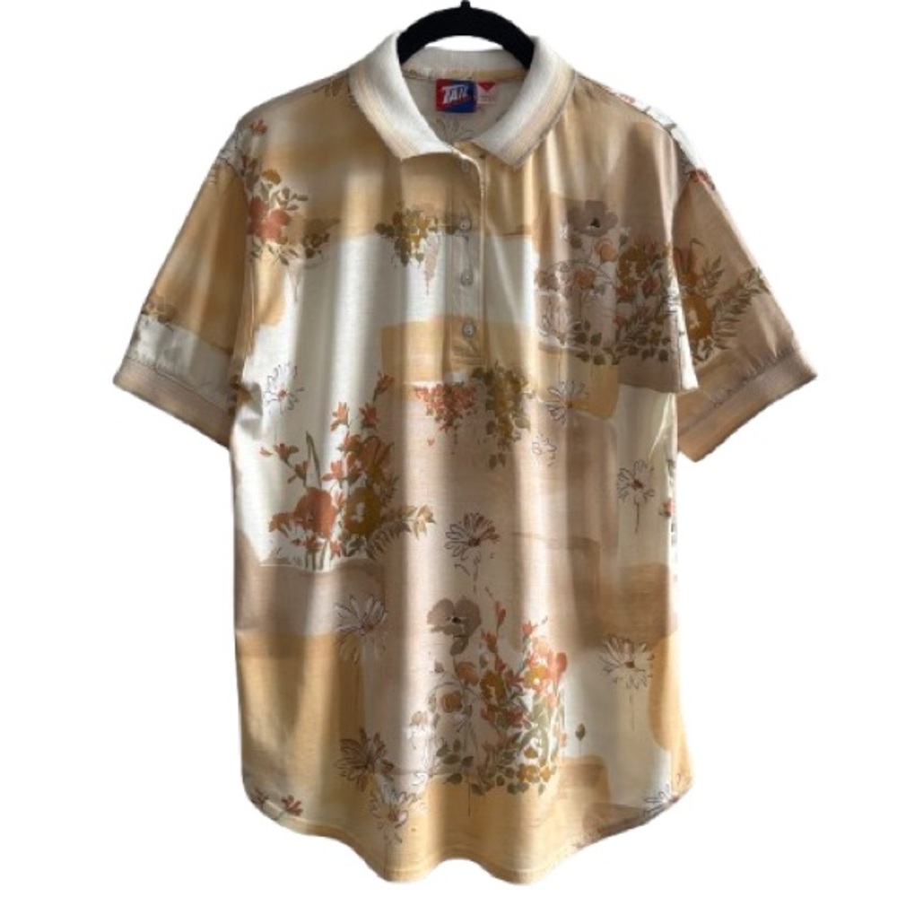Vintage Tail Floral Short Sleeve Polo Shirt Retro Cotton Rayon Jersey Yellow Tan